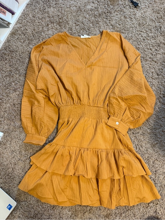 entro Dresses & Skirts - entro Mustard Long-Sleeve Tiered V-Neck Mini Dress